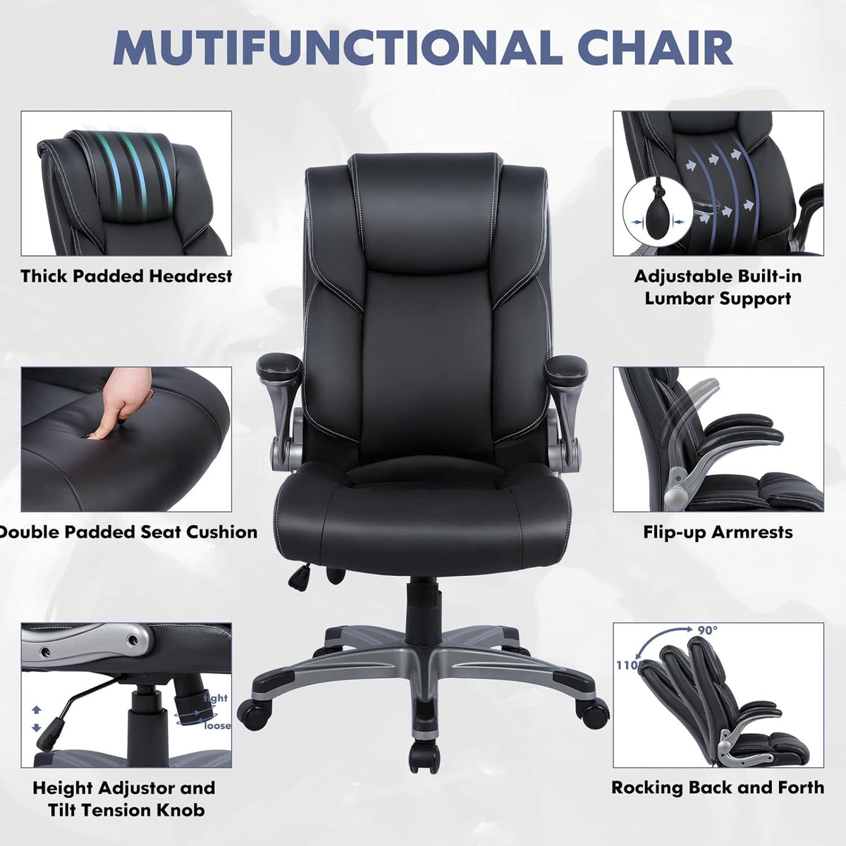 High Back Executive Office Chair- Ergonomic Home Computer Desk Leather