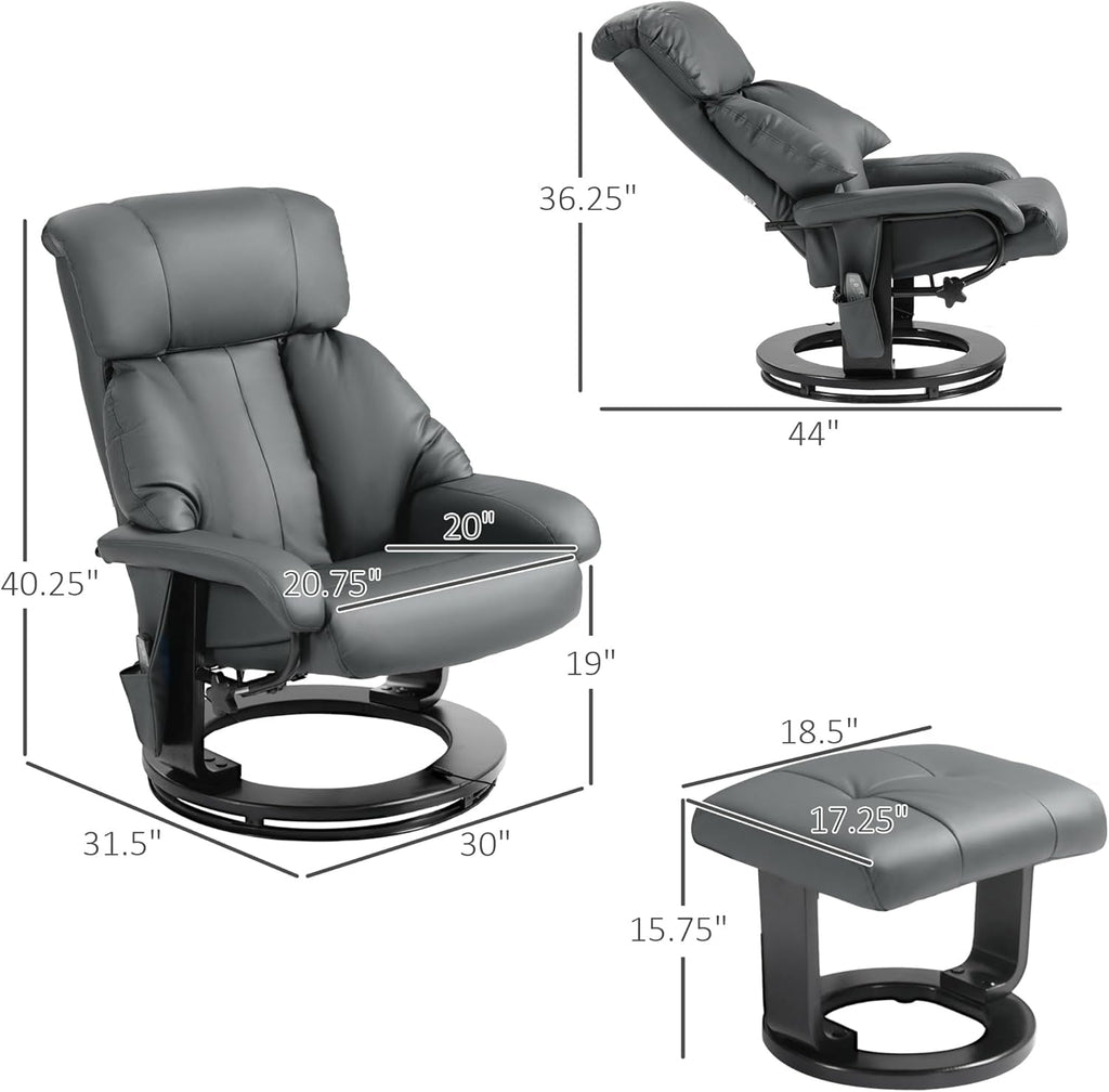Massage Recliner Chair Ottoman 360 Swivel Leather Gray